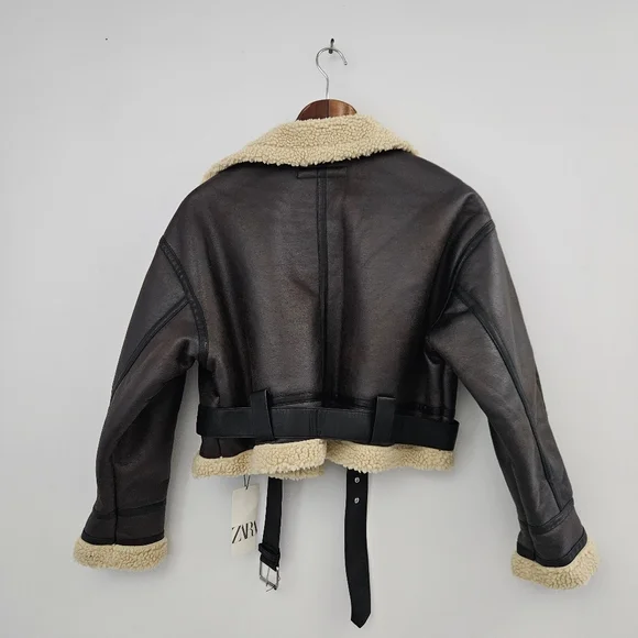 NWT Zara Faux Shearling Lined Jacket Cropped Moto Jacket - Picture 3 of 7